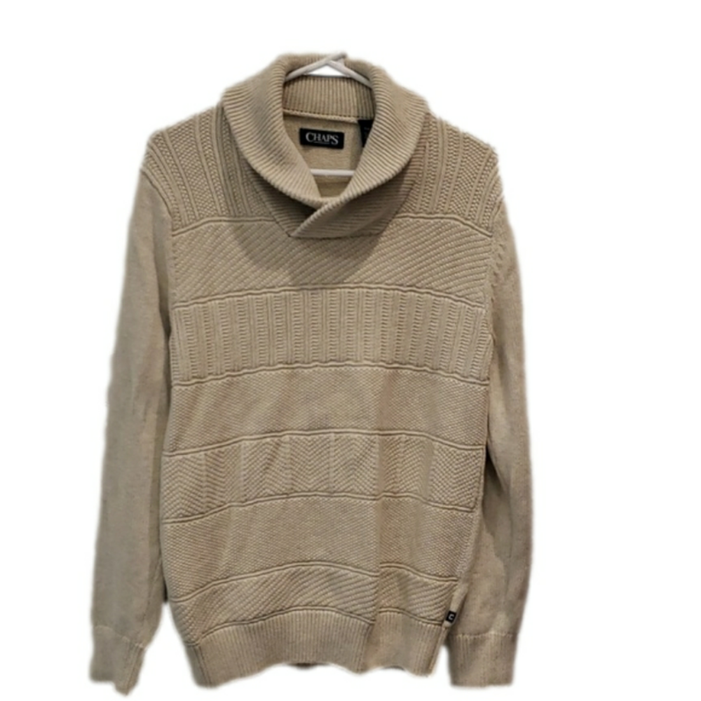 Champs Sweater Pullover Knit Shawl Collar Beige Neutral Men's Small